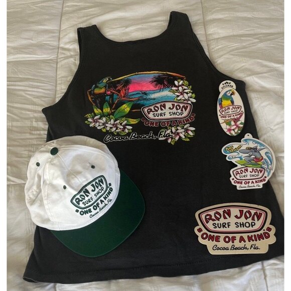 Vtg 1995 Ron Jon Surf Shop Cocoa Beach Florida Tank Top 2 Stickers 1 Tag 1 Cap - Picture 1 of 9